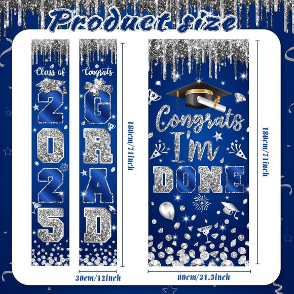 Blue and Silver Graduation Porch Sign Banner Graduation Decorations Class 2025 - Picture 2 of 2